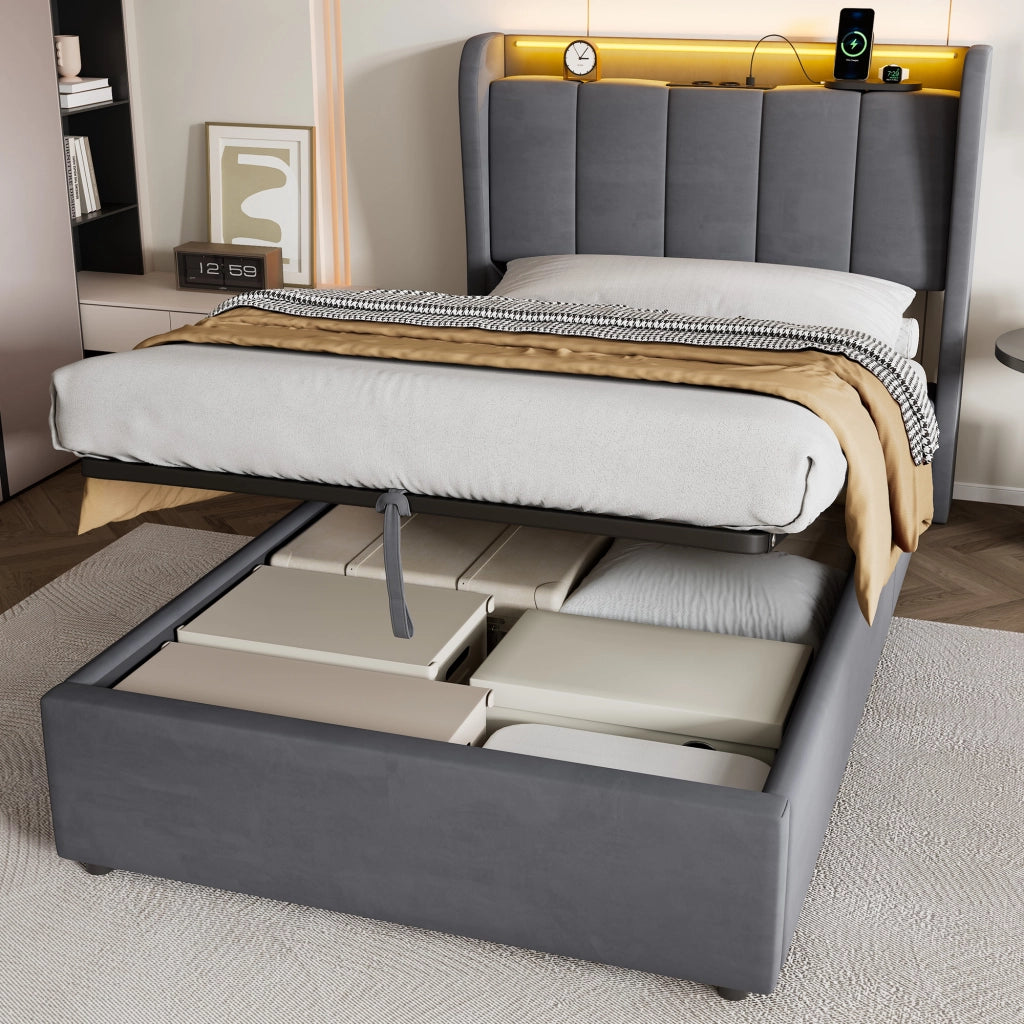Letto singolo contenitore imbottito grigio scuro 90x200 cm con LED e dock di ricarica
