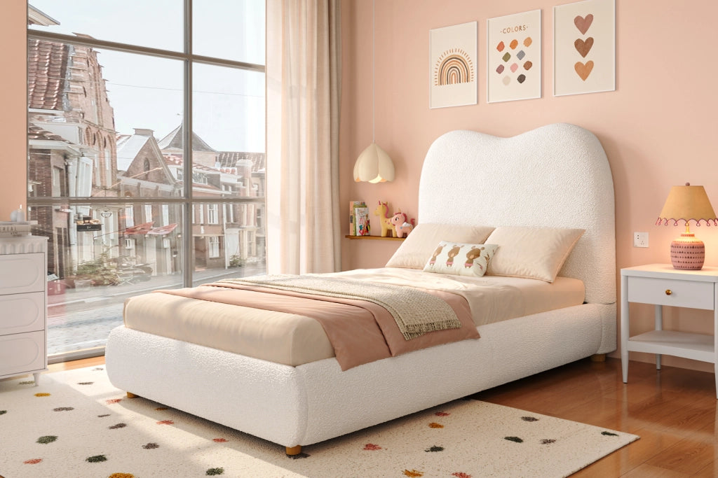 DESMIU Letto bambino 90 × 200 cm con contenitore idraulico, senza materasso, in bouclé, beige