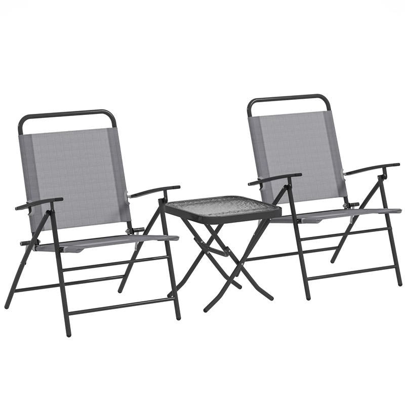 SET DA GIARDINO CON TAVOLO CON PIANO IN VETRO E 2 SEDIE PIEGHEVOLI CON SCHIENALE REGOLABILE GRIGIO
