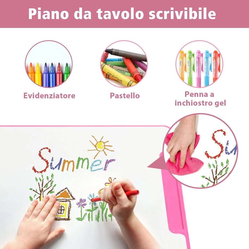 Set Scrivania e Sedia per Bambini, Tavolo Regolabile in Altezza con Piano Inclinabile 45° e Luce LED 3 Modalità, Tavolo e Sedia Ergonomica in Materiali Sicuri per 4+ Anni (Rosa)