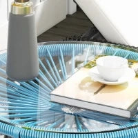 Tavolino Basso Rotondo da Giardino in Resina Effetto Rattan, Metallo e Piano in Vetro Temperato, Ø 50 x 50H cm, Blu