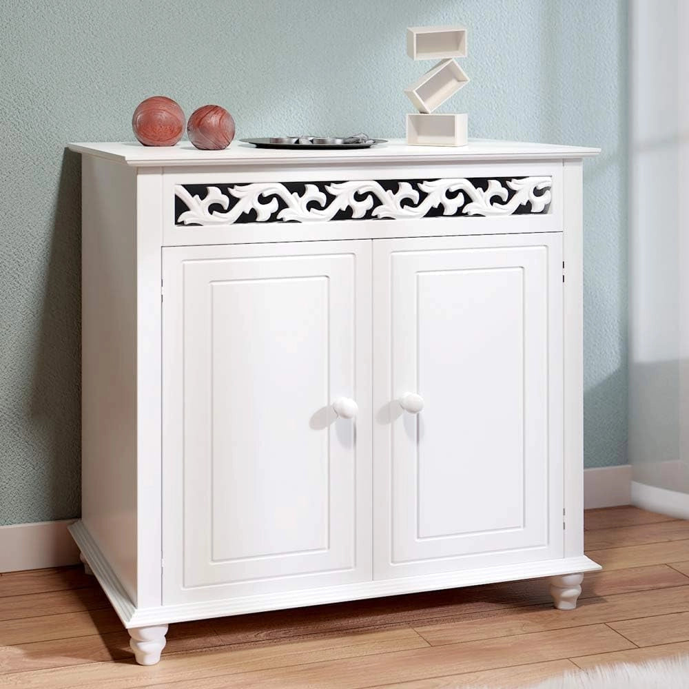 ® Mobiletto Bianco Stile Country 76x65x35cm 2 Scomparti Armadietto Multiuso con Ante Mobile Bagno Consolle Ingresso Credenza Cucina Madia Soggiorno Mobili Salone Arredamento Casa Mobile TV