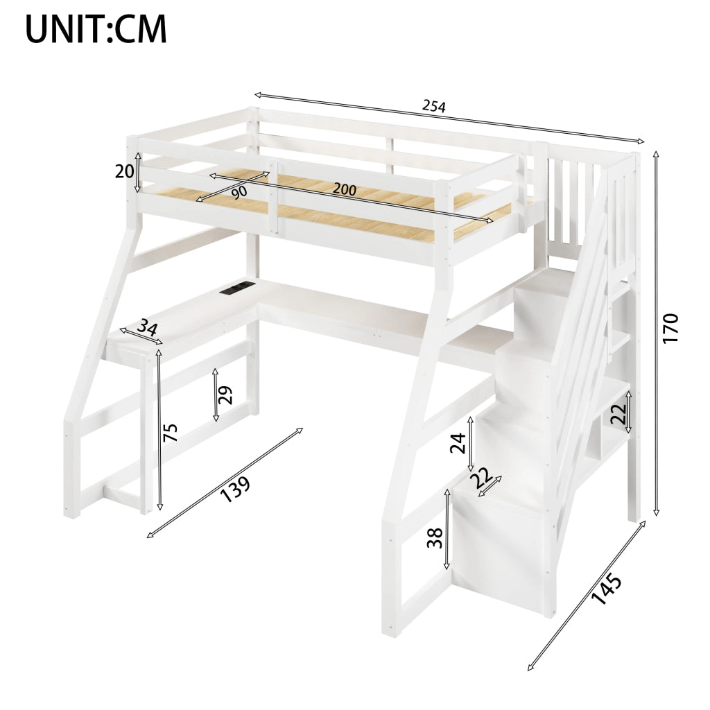 Letto a castello con mensole LED USB 90x200 cm MDF bianco pino