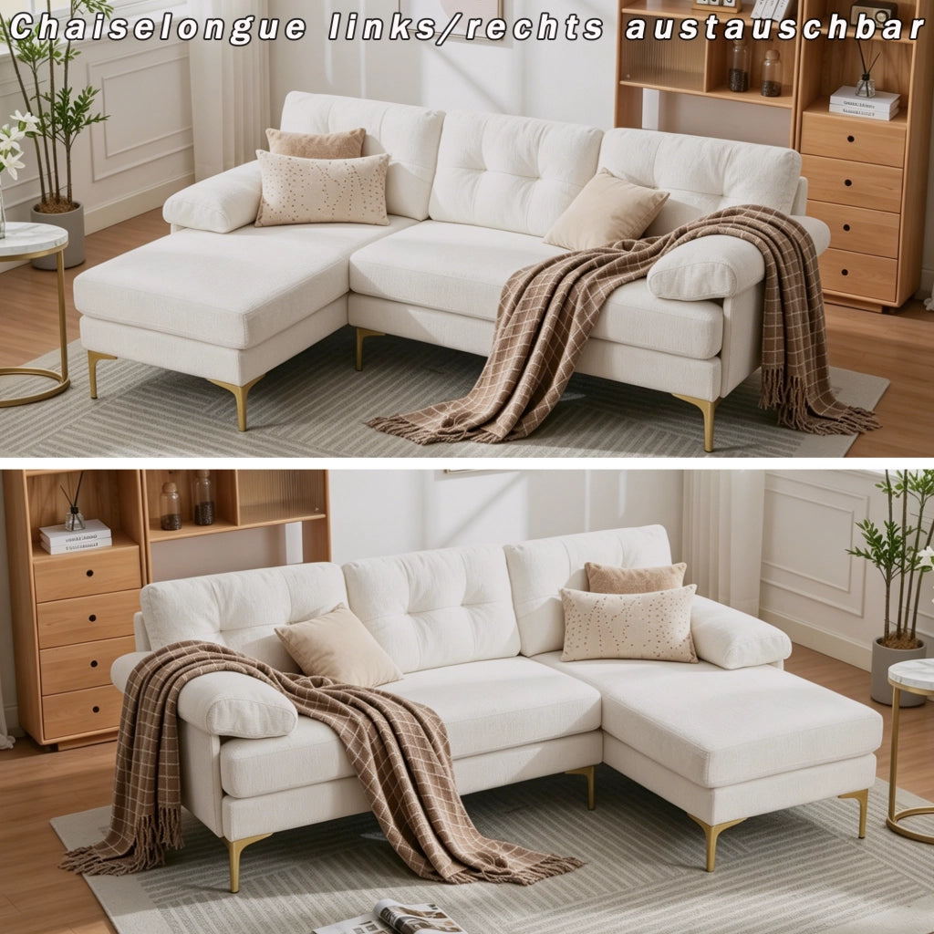 Divano ad angolo reversibile a 3 posti con braccioli imbottiti e cuscini in chenille e legno beige