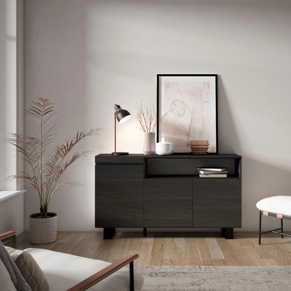 Credenza, Mobile, 150x35x87cm, 3 Porte, Design industriale, Nero RF2513