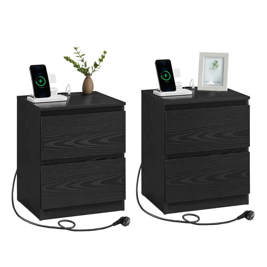 Comodino con multipresa tavolino con 2 cassetti 2 prese CA 2 porte USB-A per soggiorno camera da letto ufficio moderno nero 12_0007606