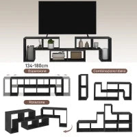 Mobile TV 75" max Modulabile con 2 Ripiani a L e Mensola Rettangolare, in Legno, 134-180x30.5x44 cm, Nero