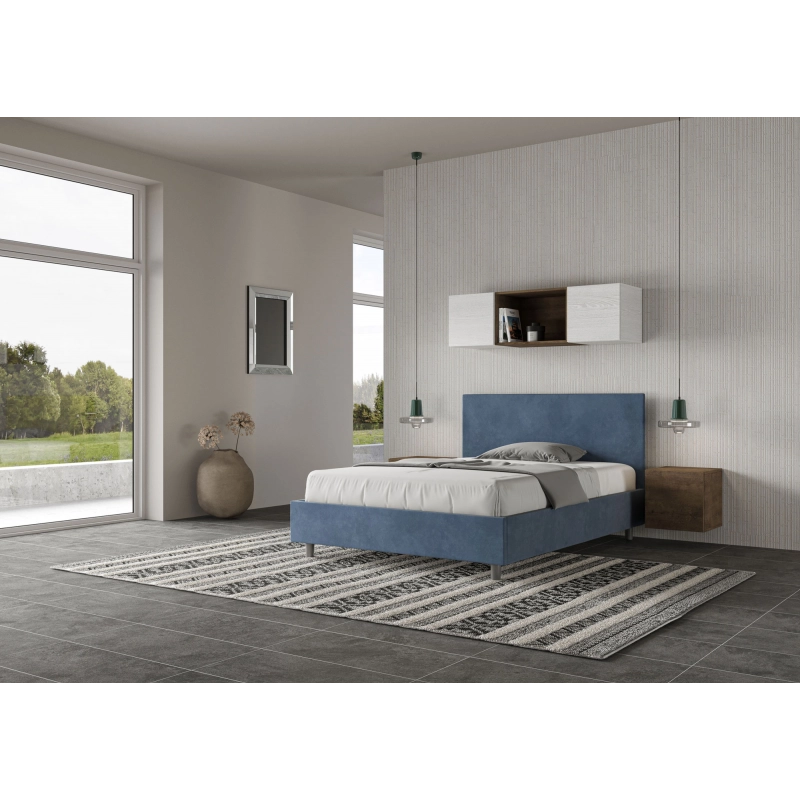 Letto imbottito Matrimoniale francese 140x190 cm Adele - Contenitore,Microfibra,Blu