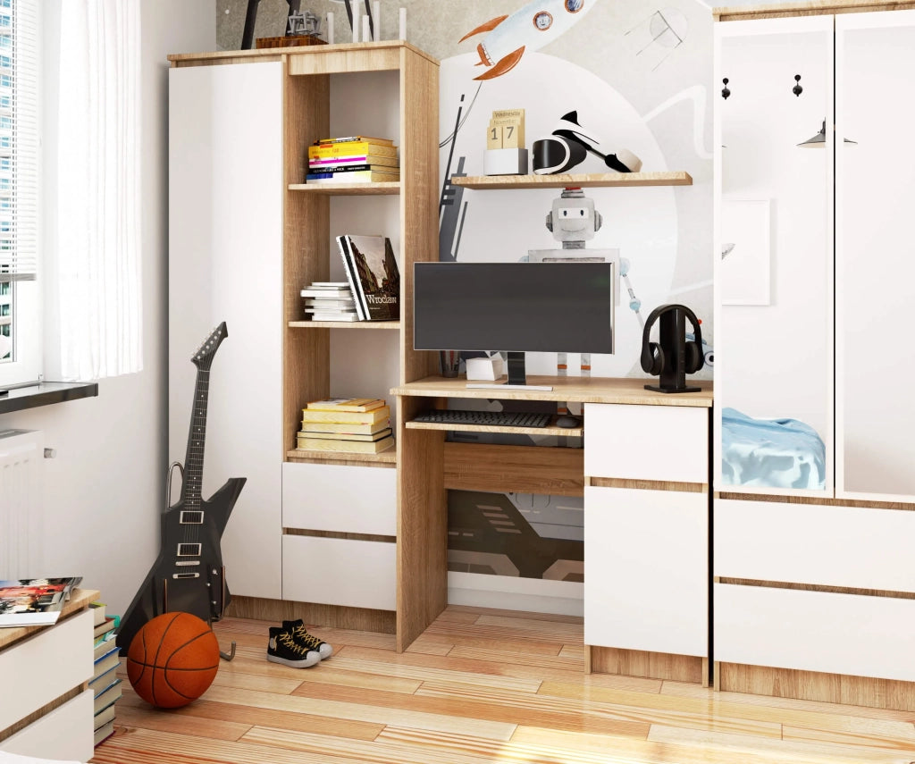 Scrivania per computer AKORD PIKSEL Sonoma Quercia 90 cm 1 anta 1 cassetto inserto frontale Bianco 90x50x77 cm Modello a destra