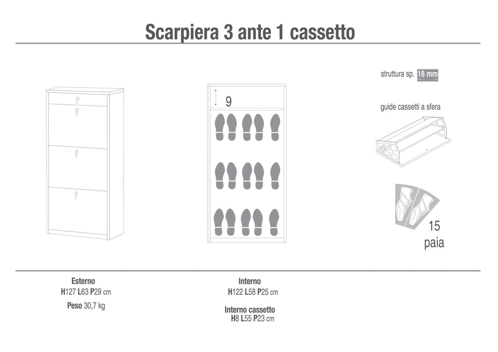 Scarpiera 3 Ante 1 Cassetto 63x127x29 cm Bianco Fiammato