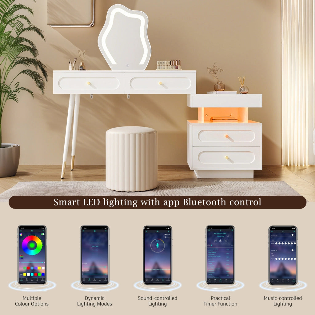 Toeletta con 4 cassetti; LED e vano aperto per camera da letto - bianco - 140×40×130 cm
