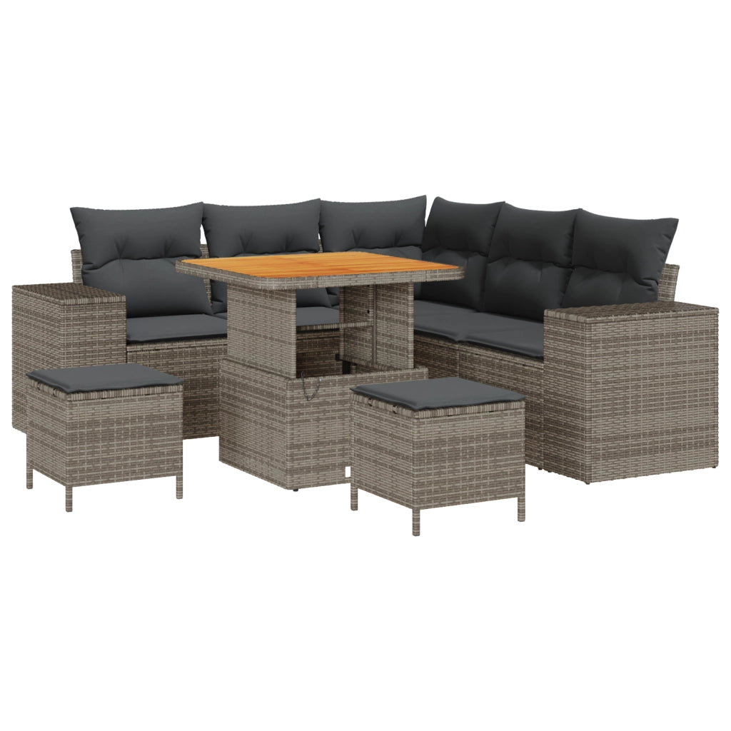 Set Divano da Giardino in 8 Pezzi con Cuscini Grigio Polyrattan Acacia