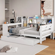 LETTO multifunzione 90x200 cm in legno massello bianco con scrivania e scaffali