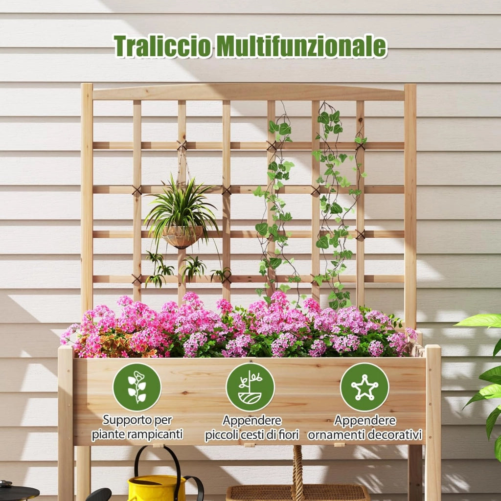 Letto da Giardino Elevato con Traliccio per Rampicanti, Fori di Drenaggio, Fioriera Rialzata in Legno con Grigliato e Piedi per Rampicanti, Fiori, Erbe, Verdure, Frutta, Balcone, Carico 80 kg