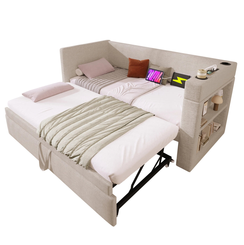 Daybed imbottito 90x190 cm con letto estraibile, USB, Type-C e portabicchieri