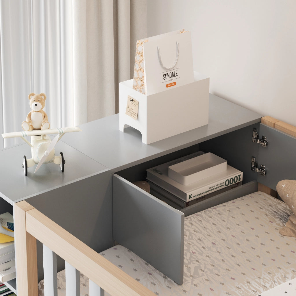 OKWISH Letto a Soppalco 90×200 cm, Letto Singolo con Armadio, Mensole e Scala con Contenitore, senza Materasso, in Legno, Grigio