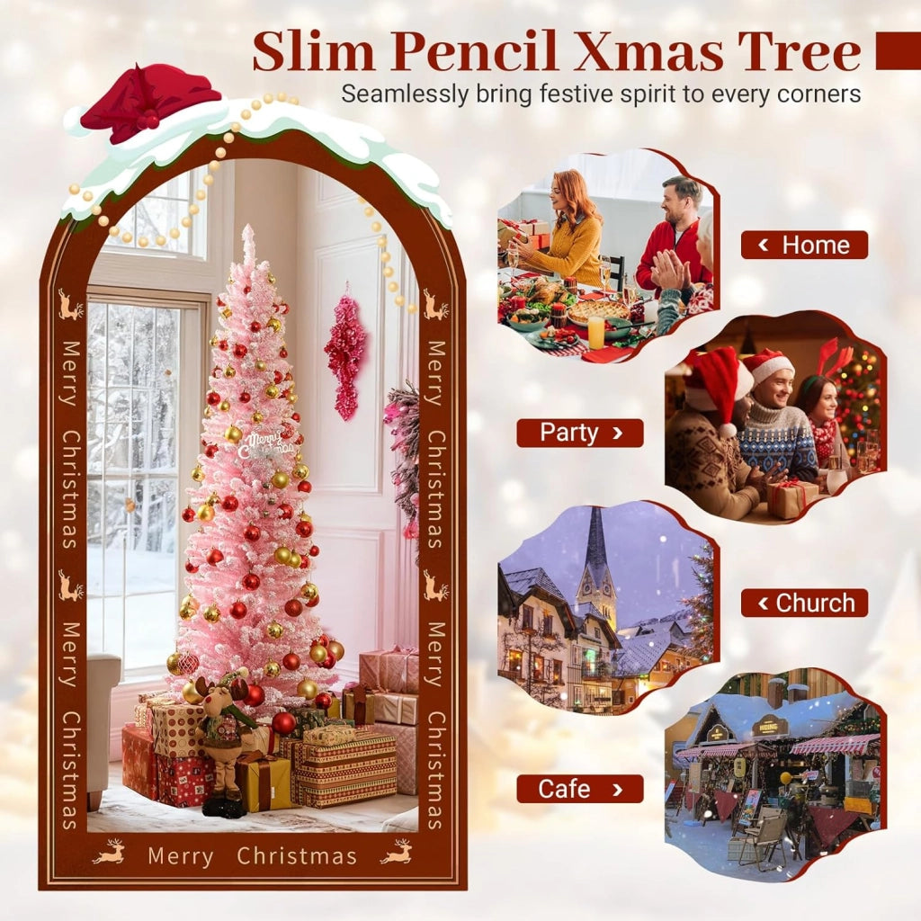 180 cm Albero di Natale Artificiale Rosa, Albero di Natale a Matita con 460 Punte di Rami Innevati e Base Pieghevole in Metallo, Albero non Illuminato per Festa e Decorazione