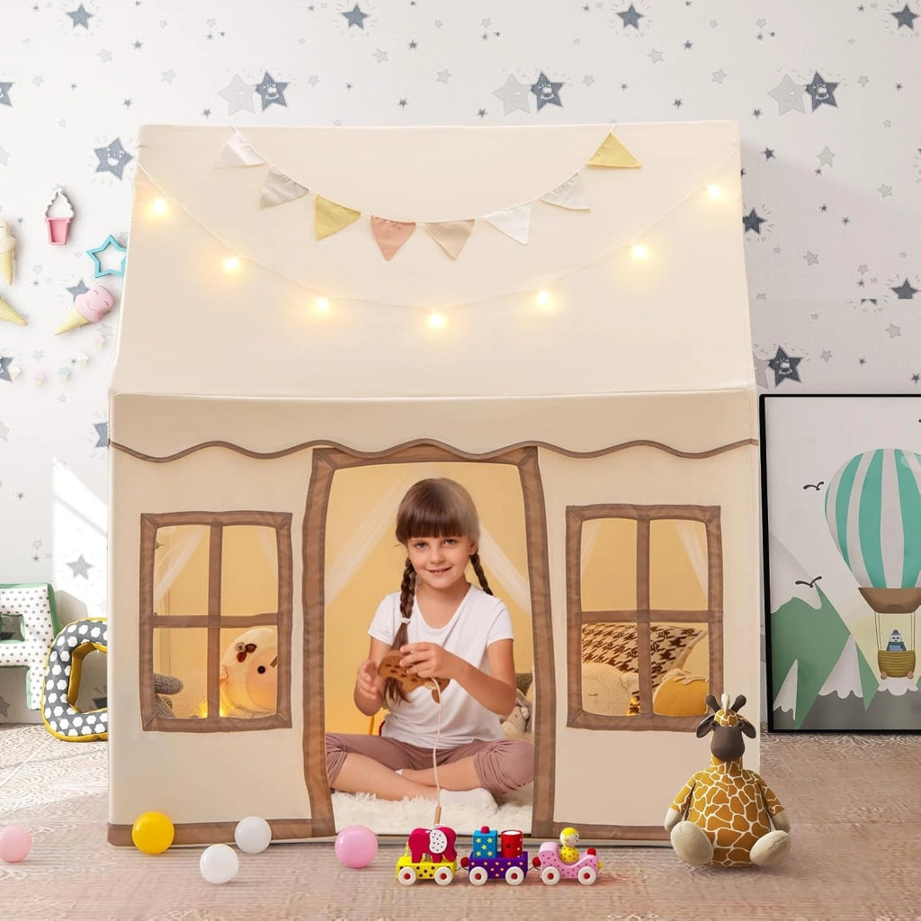 Tenda da Gioco per Bambini con Luci a Stella, Tappetino in Velluto Lavabile e Antiscivolo, Finestre e Tende a Rete, Ideale per Interni ed Esterni per Bambini 3 Anni + (Giallo)
