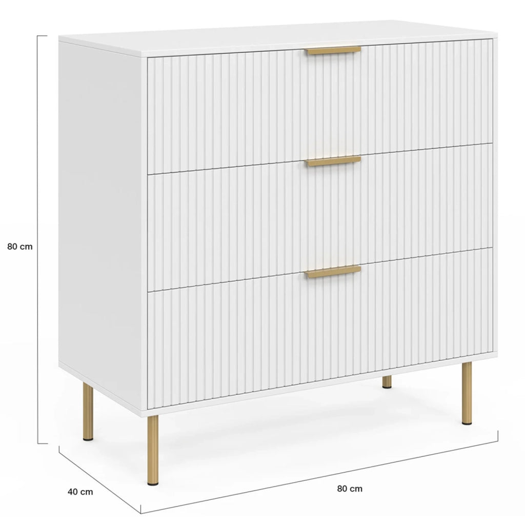 IDMarket - MARCEL Cassettone a 3 cassetti da 80 cm con doghe bianche e oro