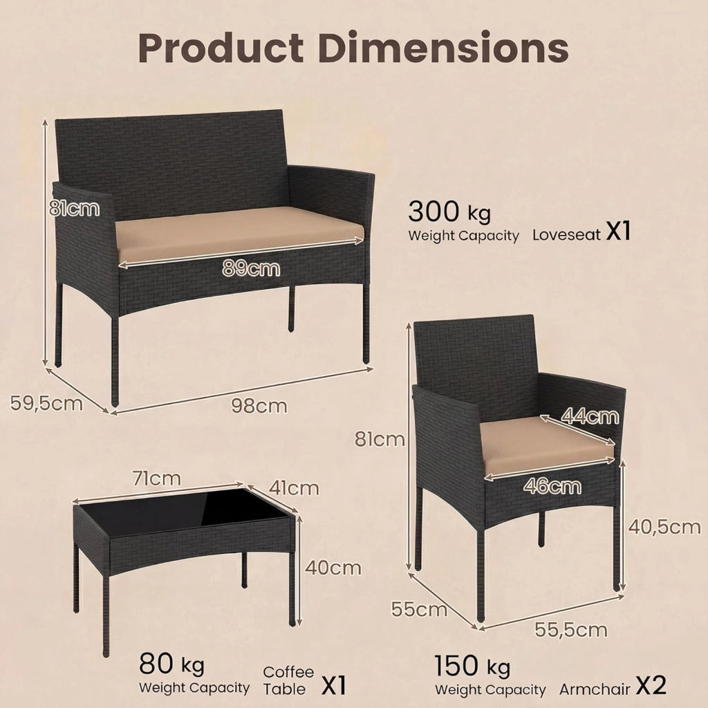 Salotto da Giardino Esterno 4 Pezzi, Set da Esterno in Rattan con Tavolino con Piano in Vetro, Divano 2 Posti e 2 Poltrone, Set da Conversazione con Cuscini per Patio, Balcone e Terrazzo (Tortora)