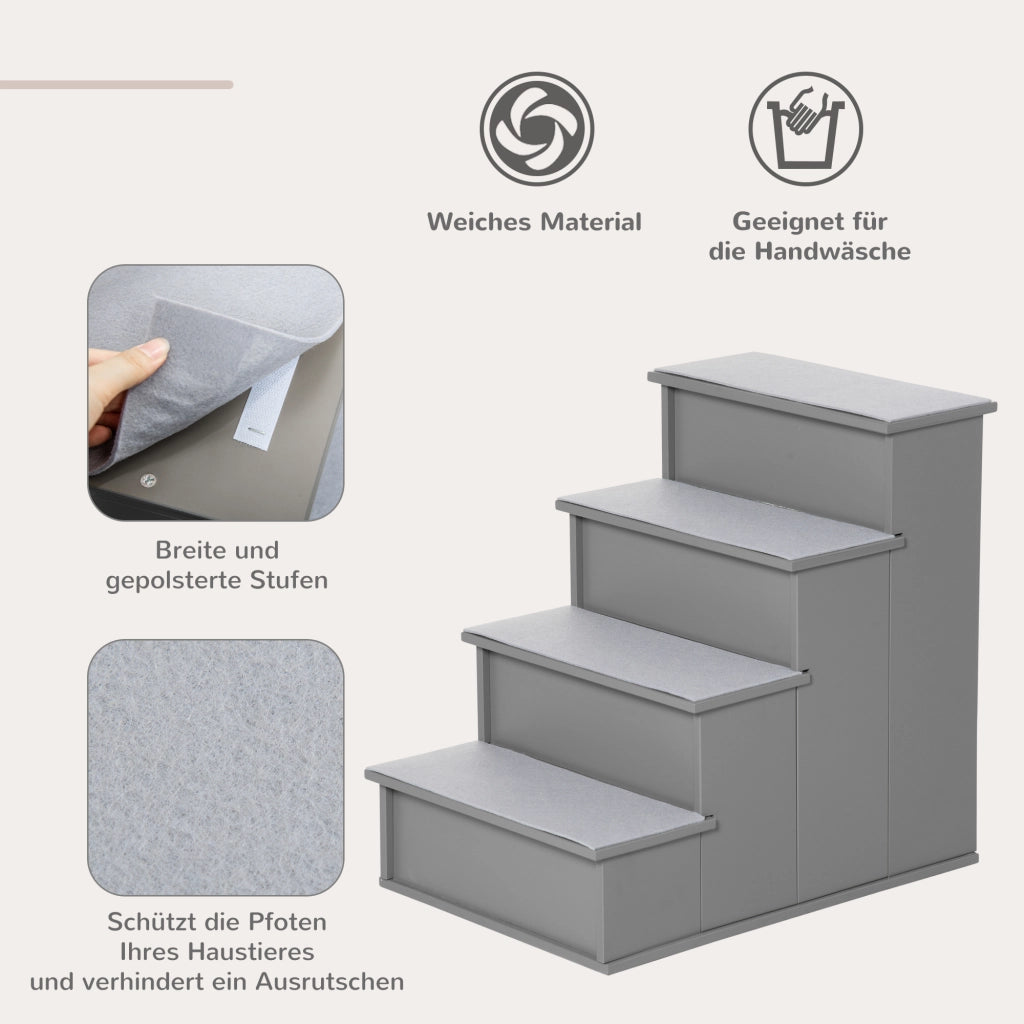 Scala per Animali Domestici ¨C Xylo ¨C 4 Gradini, Peluche Corto, fino a 30 kg, 40x59x54 cm, Grigio