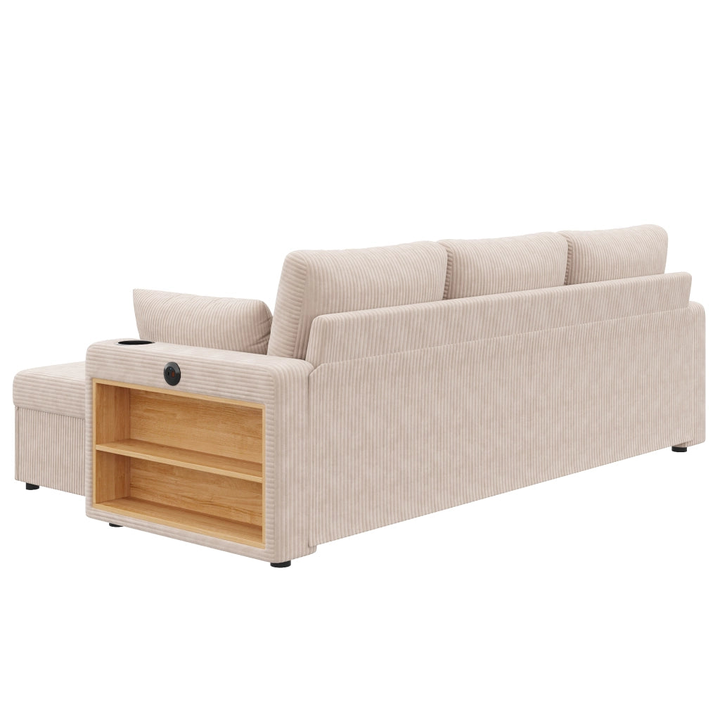 Divano angolare modulare in tessuto a coste con seduta contenitore, LED, USB e porta bicchieri beige
