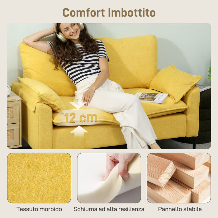 Divano 2 Posti Design Moderno 130x77x84 cm con Cuscini Rivestimento in Tessuto Spugna Giallo