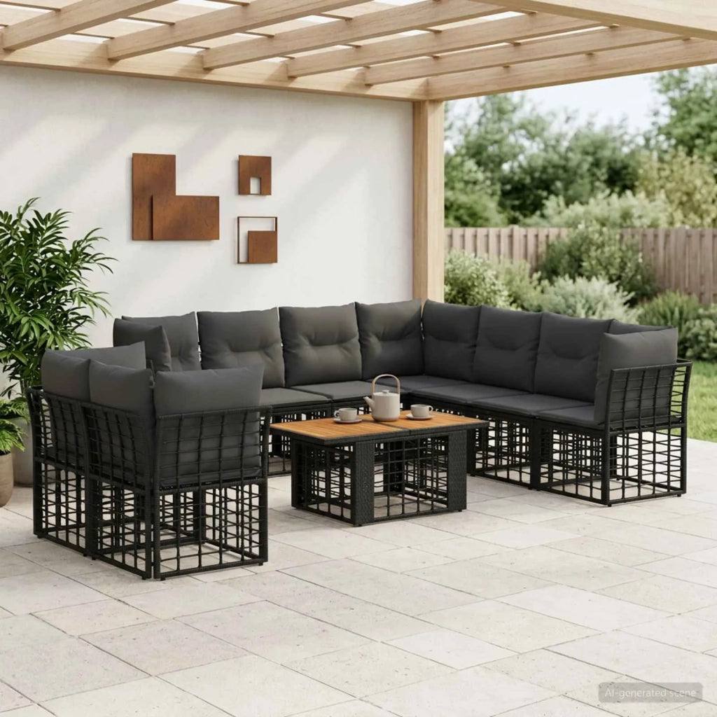 Set Divano da Giardino 10 pz Nero e Grigio scuro polyrattan 3437879
