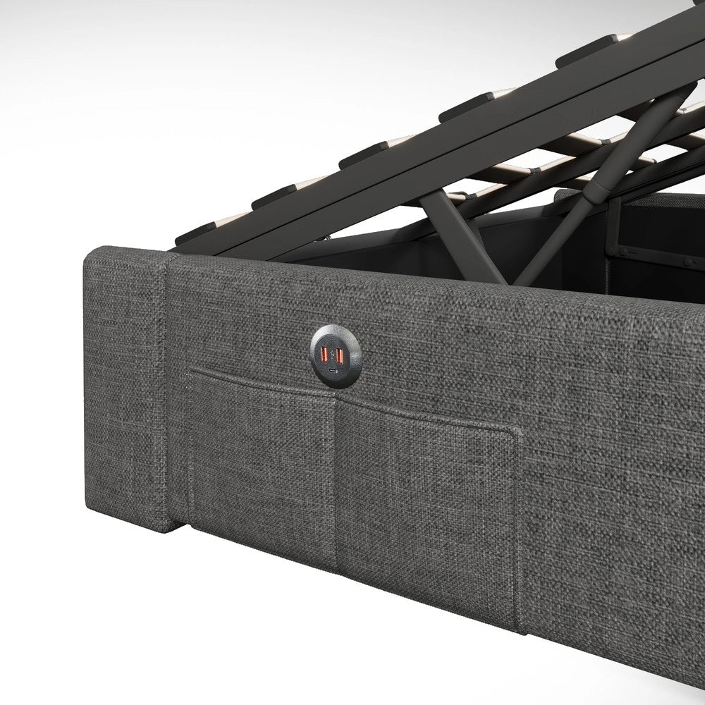 Letto Contenitore Imbottito con LED ¨C MINIMAL ¨C Grigio 140x200, USB, Senza Testiera