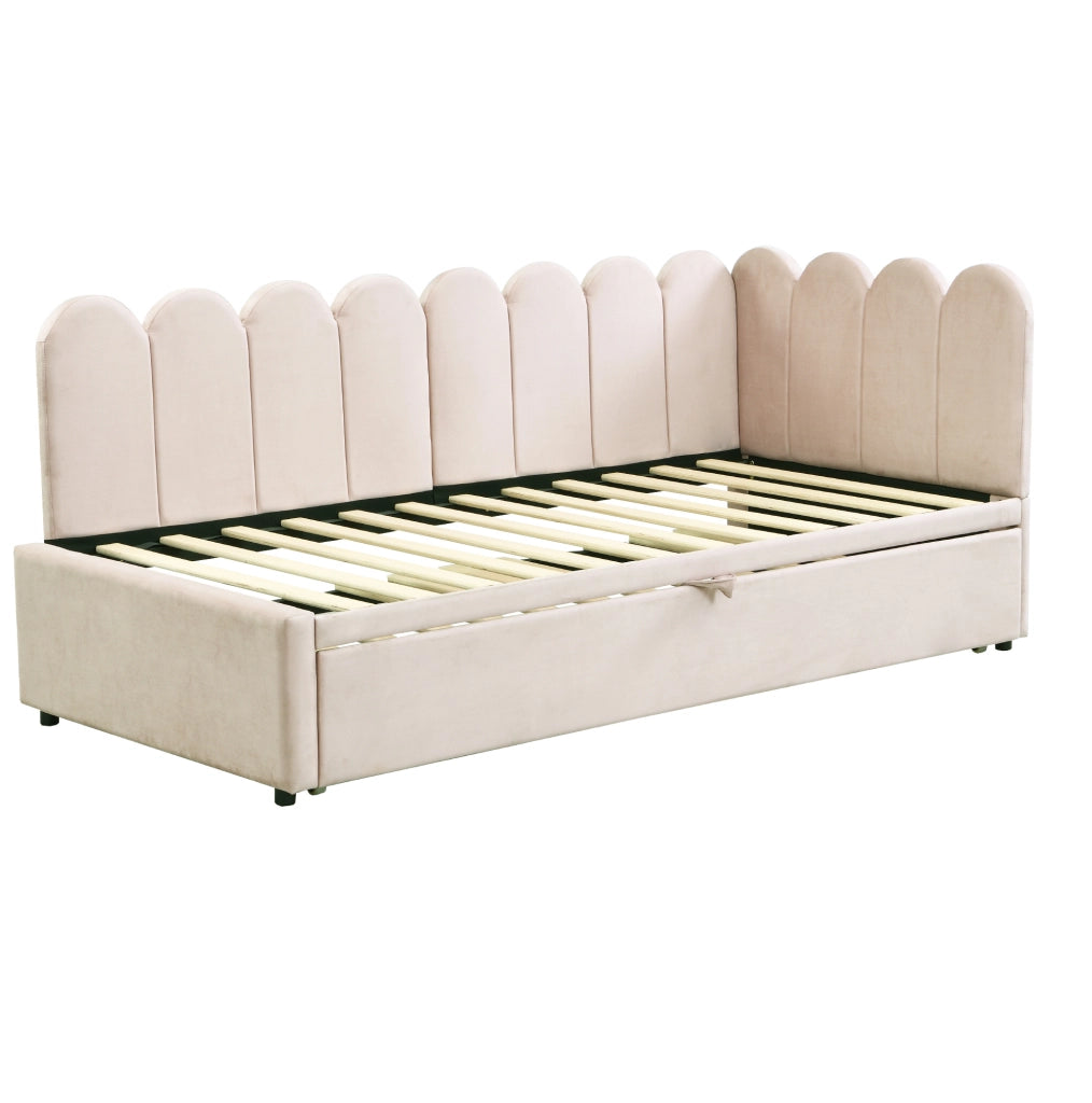Divano letto L-shaped 90x200 cm in velluto con letto estraibile; beige