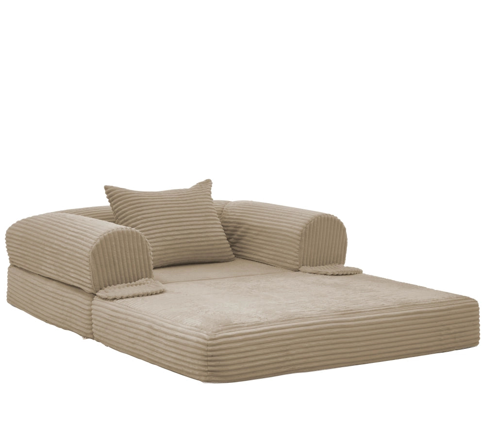 Poltrona letto pieghevole 2 in 1 in tessuto corduroy marrone, trasformabile senza attrezzi, con cuscino