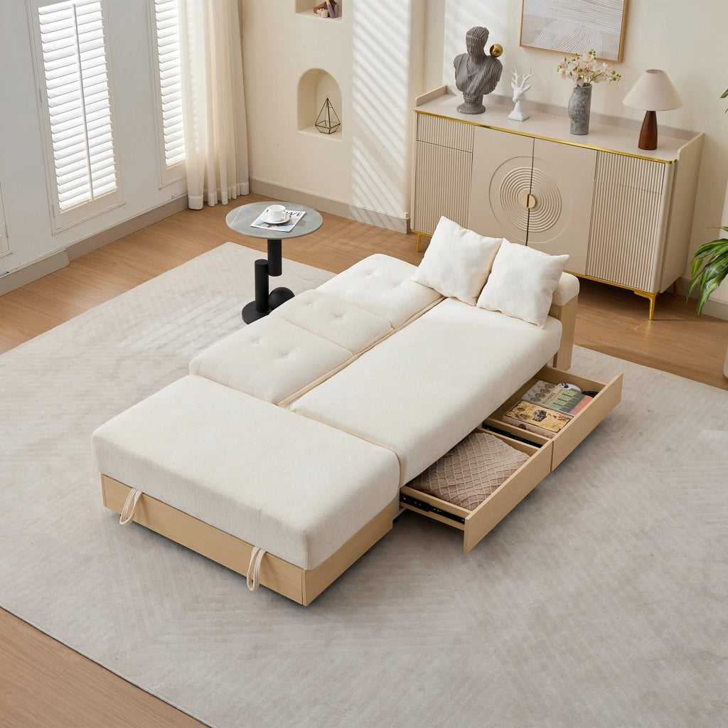Divano letto in chenille con contenitore, schienale reclinabile a 3 posizioni, 2 cassetti e portabicchieri nascosto, 217 cm, beige