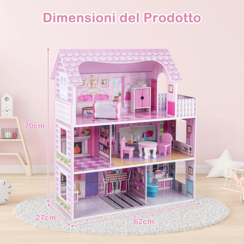 Casa delle Bambole in Legno per Bambina Giocattolo dei Bambini 3 Piani con Mobili e Accessori