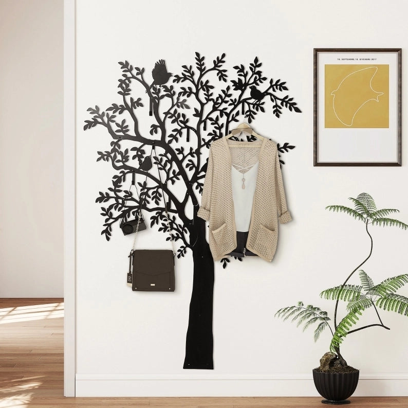 Appendiabiti da Parete in Metallo Nero con Design Albero e Uccelli, 120x175 cm