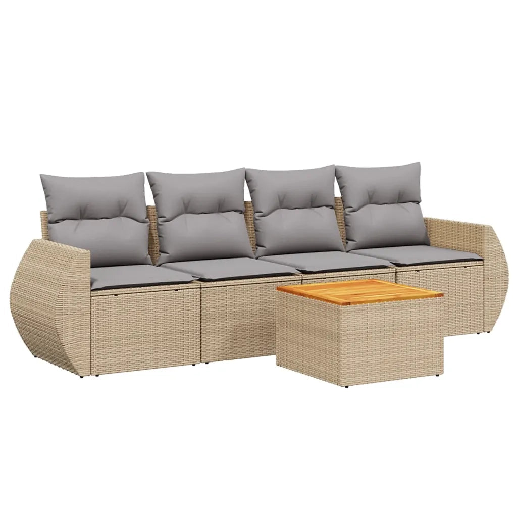 Set Divano da Giardino 5 pz | Set Salotto da Giardino con Cuscini Beige in Polyrattan