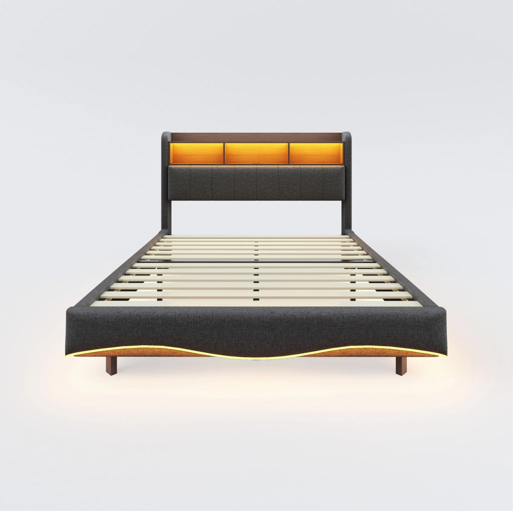 Letto imbottito sospeso 140x200 cm grigio con LED; USB e Type-C