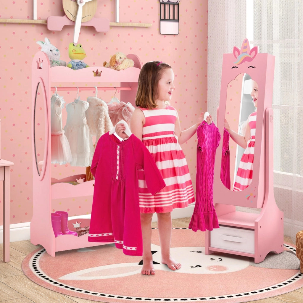 Armadio portagioie per bambini con ripostiglio e 2 angoli regolabili specchio a figura intera, Specchio da toeletta Rosa-Armadietti per gioielli