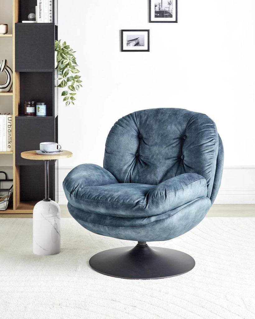Poltrona girevole Velluto blu scuro Base singola con sedile imbottito Button Tufted