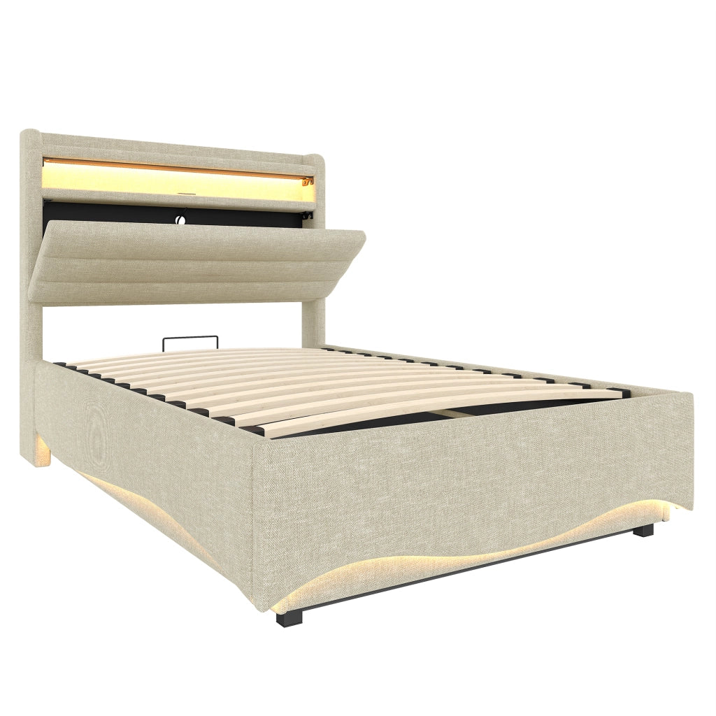 OKWISH Letto Contenitore 90×200 cm, Letto Singolo con LED Regolabile, USB, Tipo C e Mensola, senza Materasso, in Lino, Beige