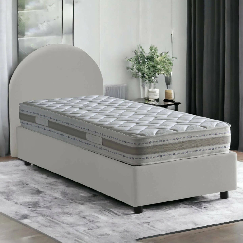 Letto singolo Fedra, Letto contenitore con rivestimento in ecopelle, Made in Italy, Apertura frontale, adatto per materasso cm 80x190, Bianco