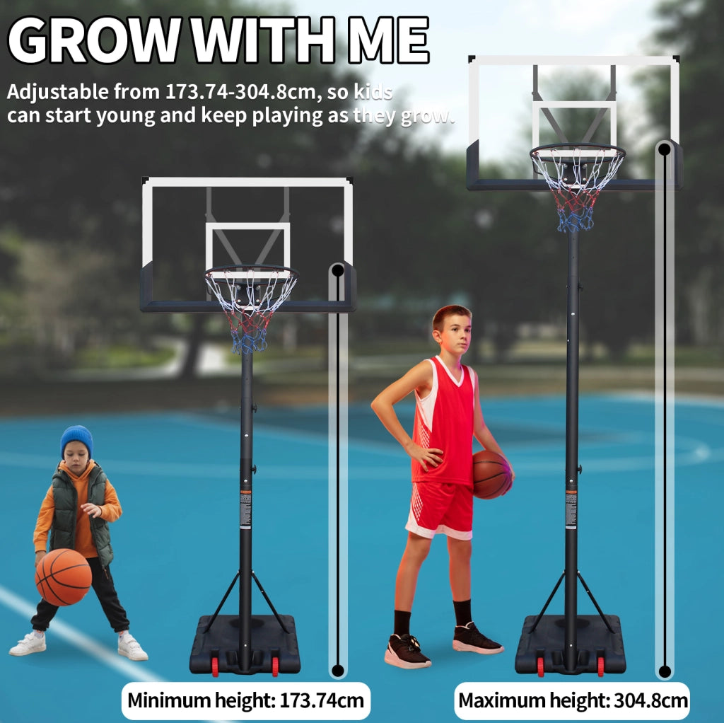 Canestro da basket ULEVR regolabile in altezza da 173,74 a 304,8 cm, tabellone in PVC, nero e bianco