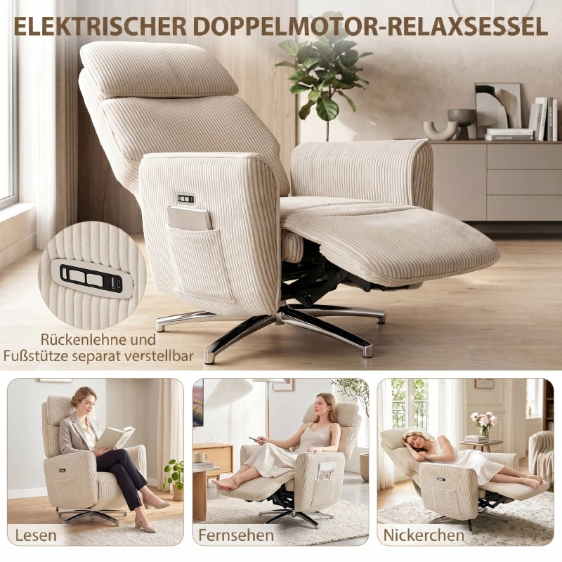 POLTRONA Relax Elettrica Girevole 360° Cream White in Poliestere con 2 Motori