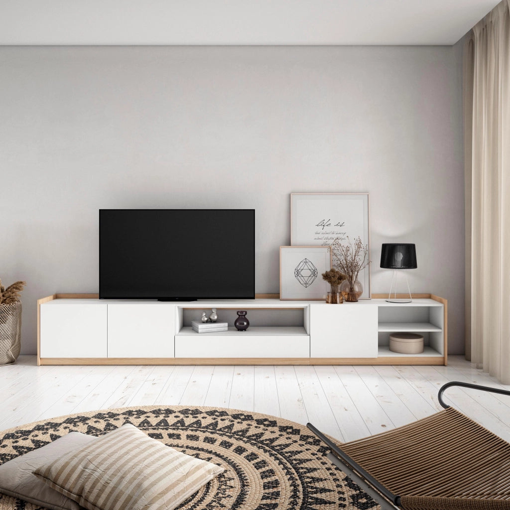 Mobile TV Soggiorno, 310x50x37 cm, Per TV fino a 80", Mobile Soggiorno, Bianco e Rovere soft