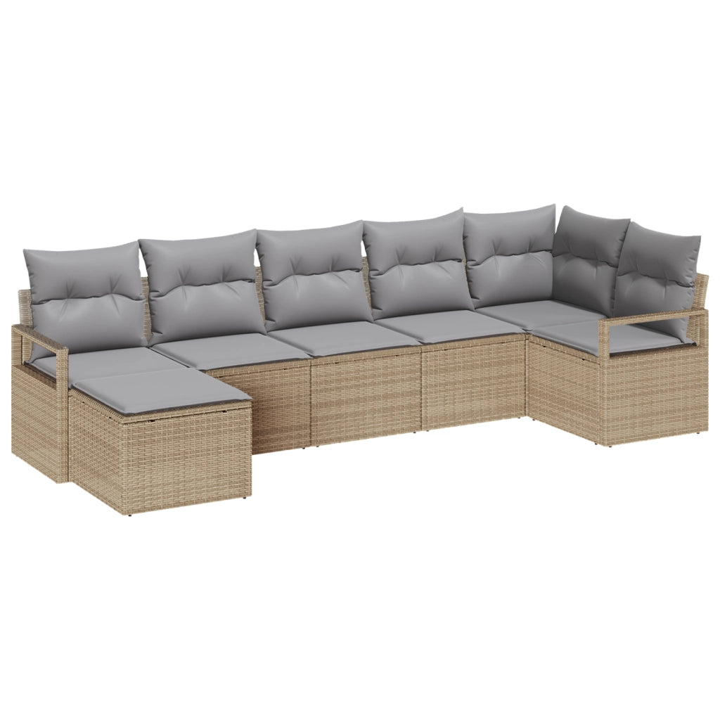 Set Divano da Giardino a 7 Pezzi con Cuscini Beige Polyrattan