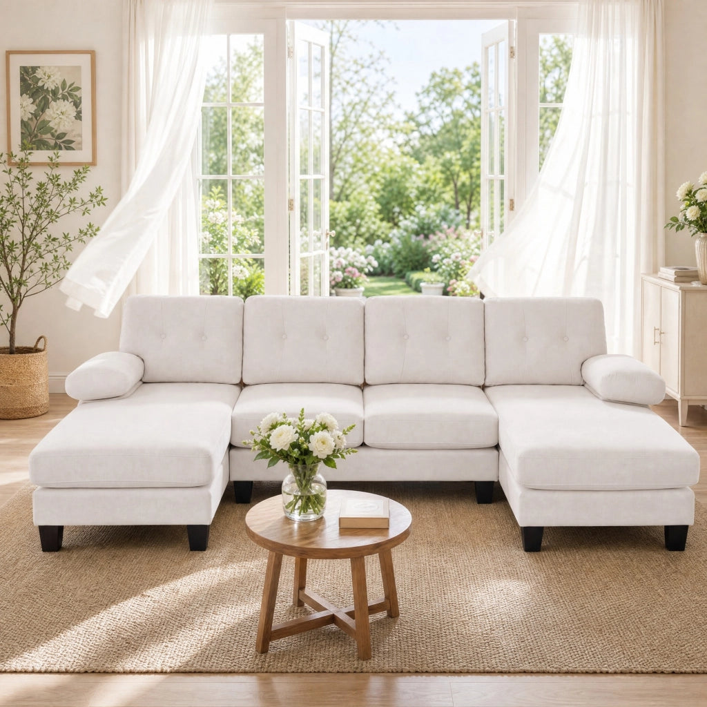 Divano panoramico a U 4 posti con doppia chaise longue, tasche laterali e braccioli removibili in ciniglia beige
