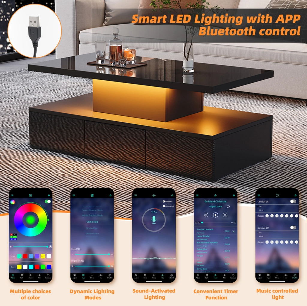 Tavolino da caffè 100x50x39 cm con LED 16 colori; cassetto e ripiano; nero