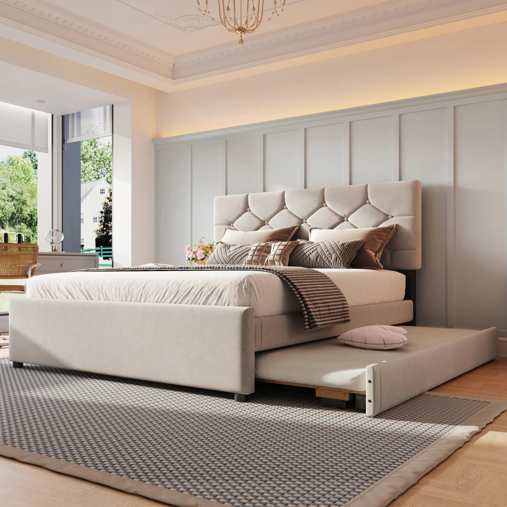 OKWISH Letto con Cassetti 140×200 cm, Letto Matrimoniale con Letto Estraibile e Cassetto, Testiera Imbottita, senza Materasso, Beige
