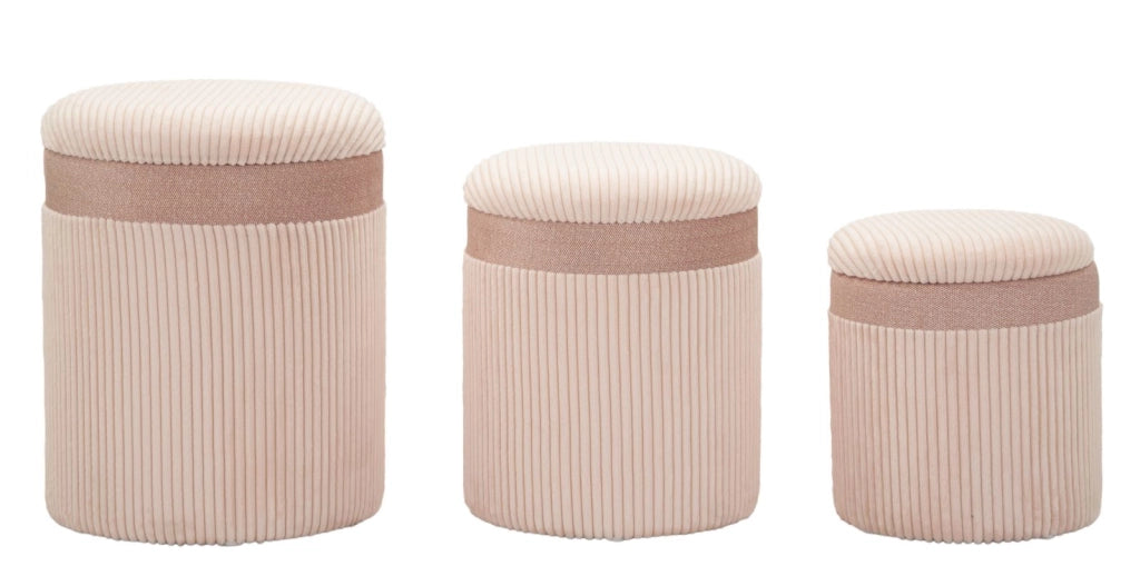 Set 3 Pouf Contenitore Cortina Rosa - Set 3 pezzi in MDF e tessuto con spazio interno, design moderno, pratico e salvaspazio