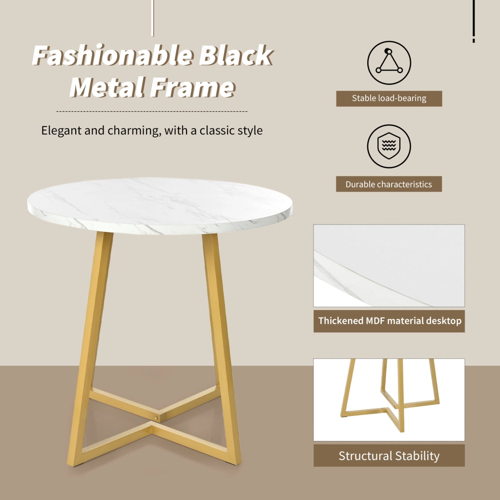Tavolo da pranzo rotondo in MDF con effetto marmo, base in metallo, per cucina e soggiorno, bianco, 80 × 75 cm