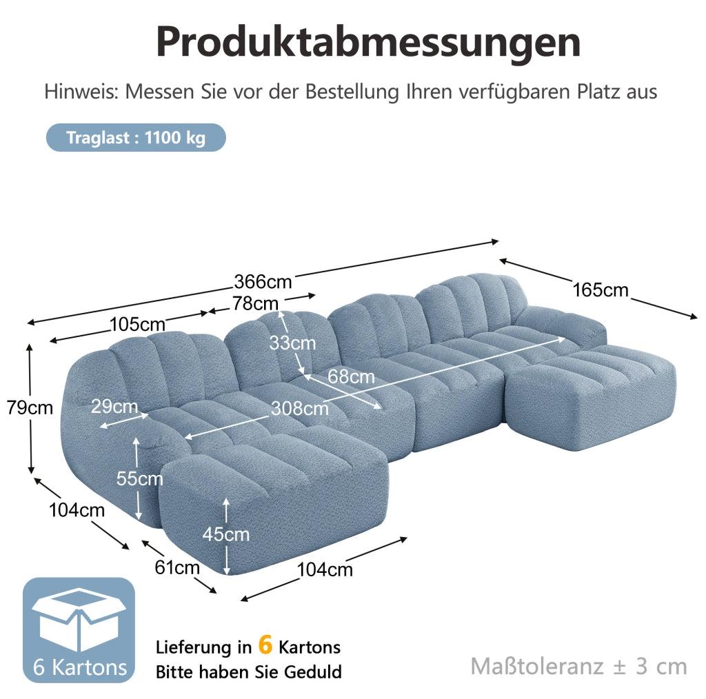 Divano modulare frameless in fleece granulato blu; configurazione U/L/4 posti con schiuma 32D